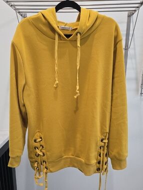 Lace-Up Hooded Pullover Sweater - Mustard